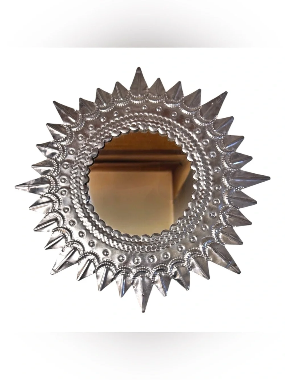 Vintage Silver Mexico Artisan Punched Tin Celestial Sun Mirror 12”